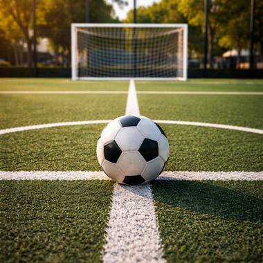 KI-generiertes Bild von einem Fußball im Vordergrund und einem Tor im Hintergrund